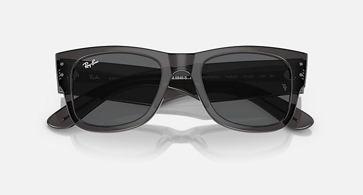 Ray-Ban Mega Wayfarer sunglasses, black frame, dark gray lenses, close front view