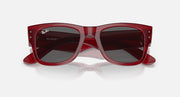 Ray-Ban Mega Wayfarer sunglasses angled front view with red frame and dark gray tinted lenses