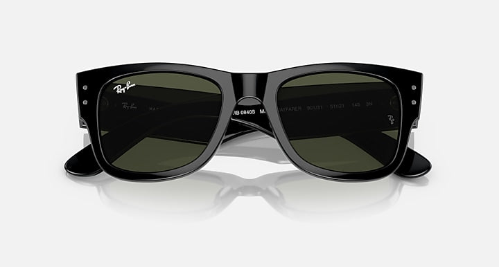 Ray-Ban Mega Wayfarer sunglasses, black frame, green-tinted lenses, top front view