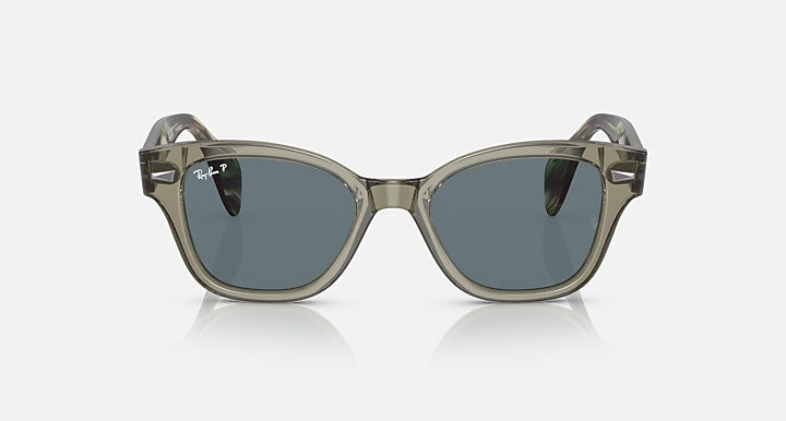 Ray-Ban polarized sunglasses, front view, dark blue lenses with translucent green frame