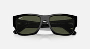 Rectangular sunglasses with dark frame and green lenses, close front view