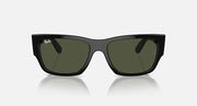 Rectangular sunglasses with dark frame and green tinted lenses, front view