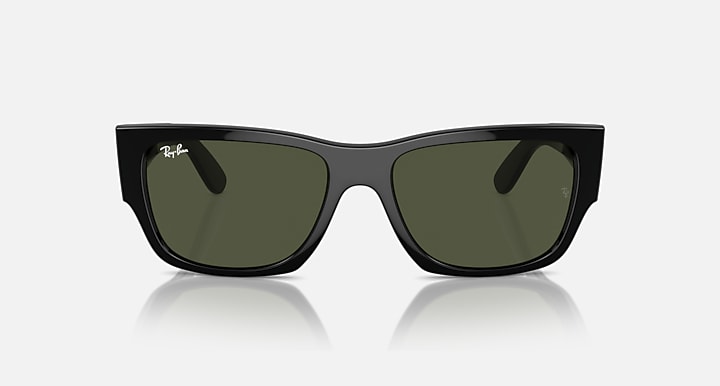Rectangular sunglasses with dark frame and green tinted lenses, front view