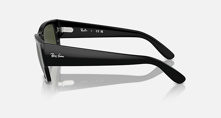 Rectangular sunglasses, side profile; dark arms and green lenses