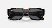 Tortoise acetate rectangular sunglasses with dark lenses and wide brow line
