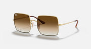 Ray-Ban RB1971 square sunglasses angled view with gold frame and dark brown lenses