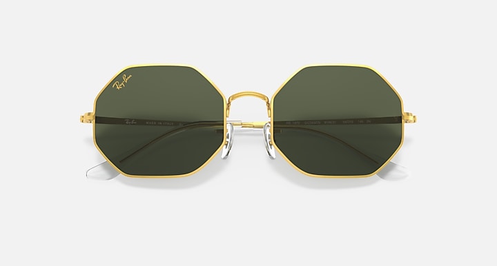 Ray-Ban octagonal sunglasses with dark green mirror lenses and gold-tone metal rims