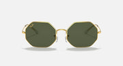Ray-Ban octagonal sunglasses, front view, dark green lenses and gold-tone frames