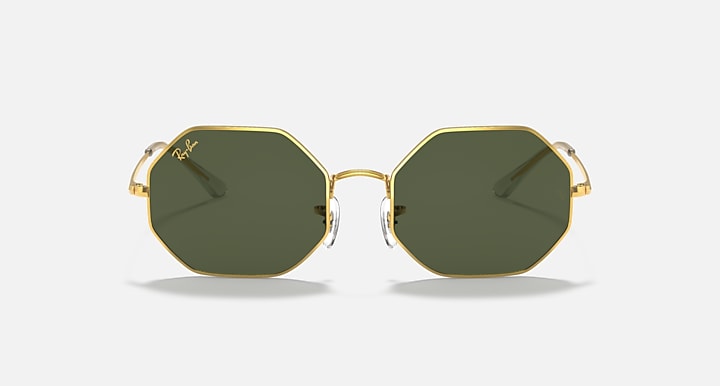 Ray-Ban octagonal sunglasses, front view, dark green lenses and gold-tone frames