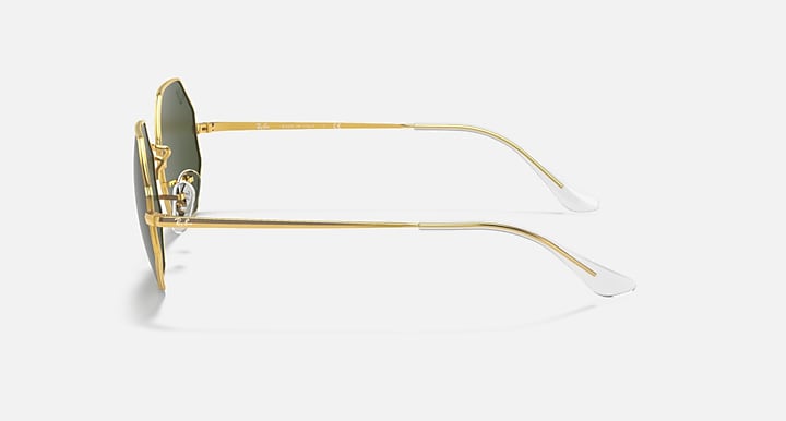 Ray-Ban octagonal sunglasses side profile, dark green lens and gold-tone metal arms