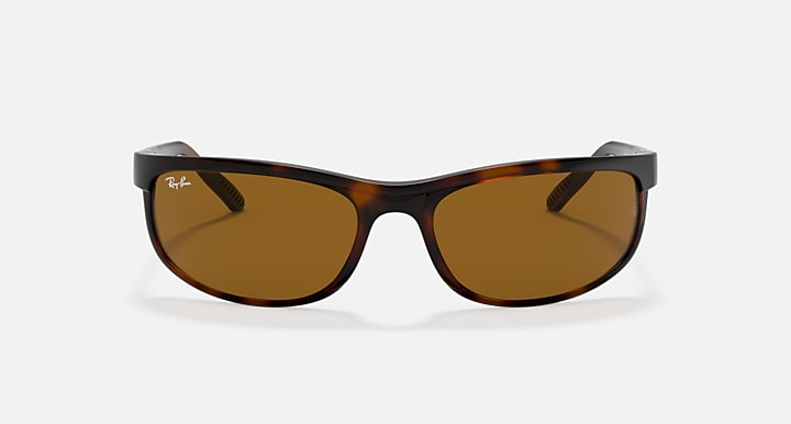Ray-Ban Predator sunglasses, tortoiseshell frame with brown lenses, angled front view