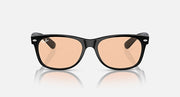 Wayfarer sunglasses, front view, black frame with brown gradient lenses