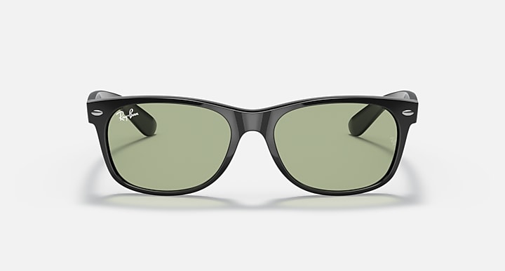 Black Wayfarer-style sunglasses with olive-green lenses, front view, full-rim frame.