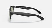 Black Wayfarer-style sunglasses, side profile with green lens and curved temple arms.