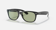 Black Wayfarer-style sunglasses with green lenses, full-rim frame and medium temples.