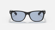 Ray-Ban Wayfarer sunglasses, blue-tinted lenses, black frames, low bridge fit.