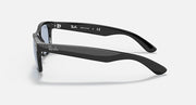 Ray-Ban Wayfarer sunglasses, side profile of black frame with blue-tinted lenses.