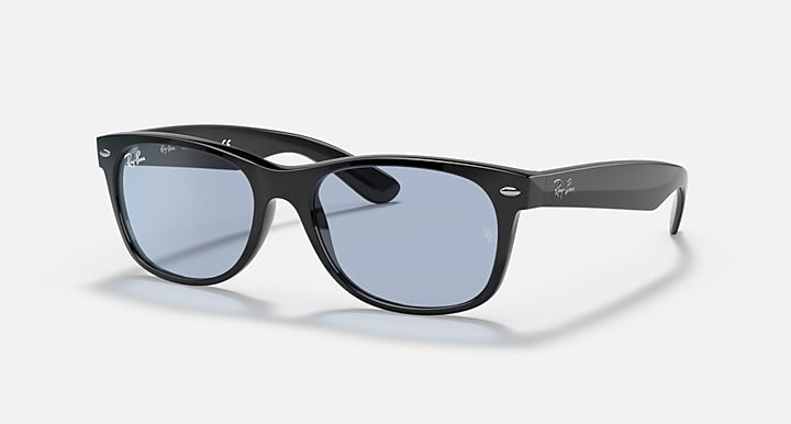 Ray-Ban Wayfarer sunglasses, blue-gray lenses, black frames, low bridge fit.