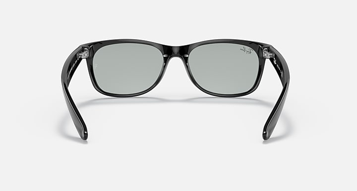 New Wayfarer sunglasses, black frame with light gray lenses and metal hinge details