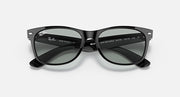 New Wayfarer sunglasses, front view with gray lenses and embossed inside text