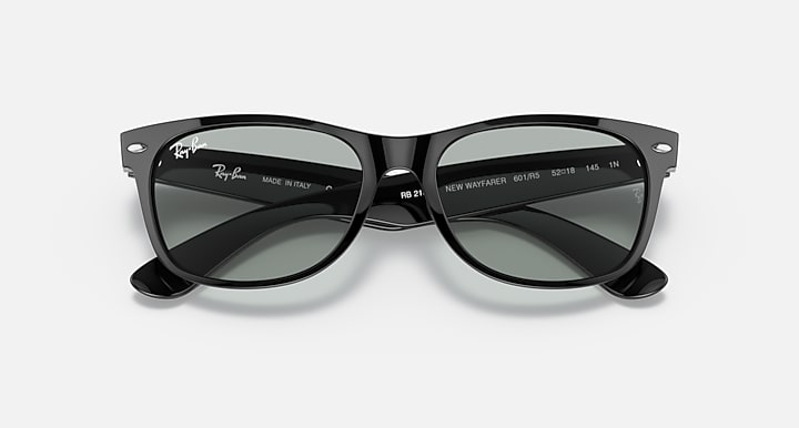 New Wayfarer sunglasses, front view with gray lenses and embossed inside text