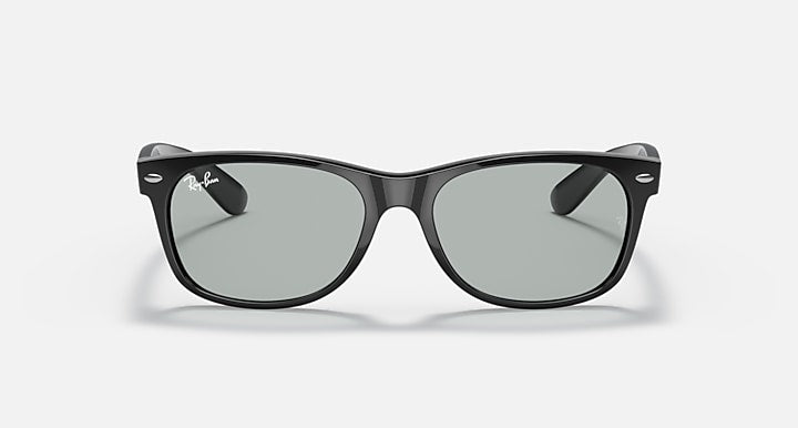 New Wayfarer sunglasses, black frame with gray lenses and curved temple arms