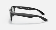 New Wayfarer sunglasses, black frame side view with gray lenses and logo text