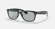 New Wayfarer sunglasses, black frame side view with gray lenses