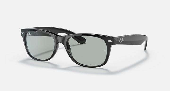 New Wayfarer sunglasses, black frame side view with gray lenses