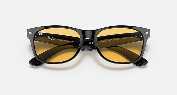 New Wayfarer sunglasses, front view with amber mirrored lenses and black arms