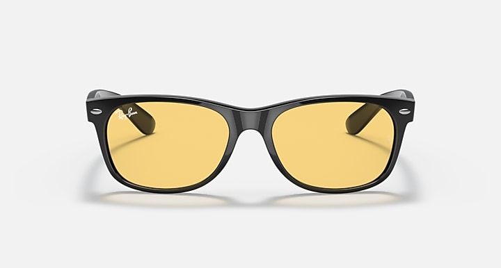 New Wayfarer sunglasses, black frame with amber lenses and curved top bridge