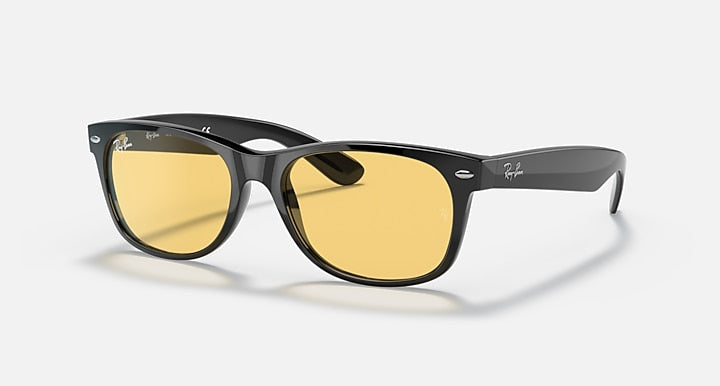 New Wayfarer sunglasses, black frame with gold mirrored lenses and dark bridge