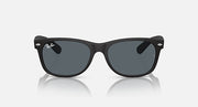 Ray-Ban Wayfarer sunglasses front view, dark gray lenses, black frames.