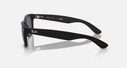 Ray-Ban Wayfarer sunglasses, side profile showing black frame and dark lenses.