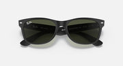 Ray-Ban Wayfarer sunglasses front view with dark green lenses and dark frame.
