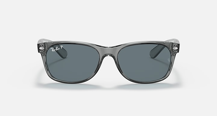 Grey Wayfarer-style sunglasses with dark grey lenses, front view, full-rim frame.