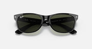 Ray-Ban Wayfarer sunglasses with dark green lenses and dark frame, close front.