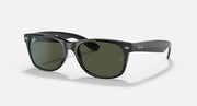 Ray-Ban Wayfarer sunglasses with black frame and dark green lenses, low bridge fit.