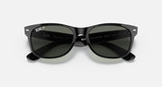 Ray-Ban Wayfarer sunglasses top view, black frame with dark green lenses, inner text visible.