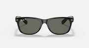 Ray-Ban Wayfarer sunglasses front view, black frame with dark green lenses, slightly angled.