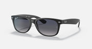 Ray-Ban sunglasses with matte black frame and dark gray lenses, rectangular Wayfarer shape