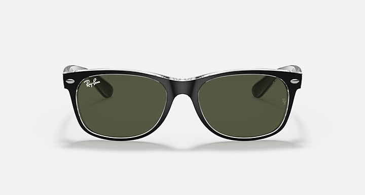 Ray-Ban New Wayfarer RB2132 sunglasses with dark green lenses and black/clear frame
