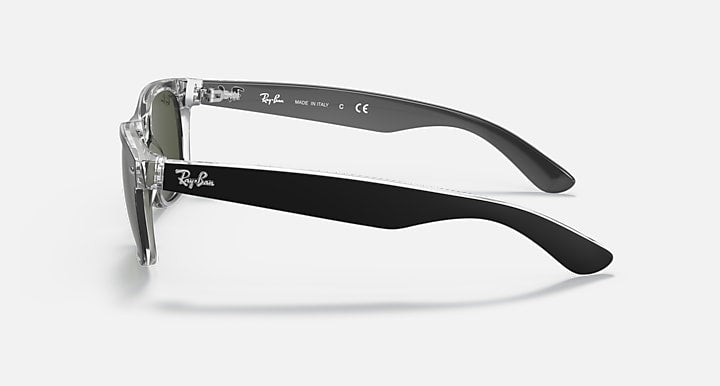 Ray-Ban New Wayfarer RB2132 sunglasses with dark lenses and clear frame side view
