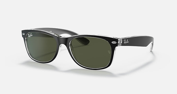 Ray-Ban New Wayfarer RB2132 sunglasses with dark green lenses and black frames
