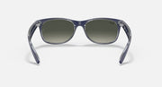 Ray-Ban New Wayfarer RB2132 sunglasses with dark green lenses and gray-blue transparent frame