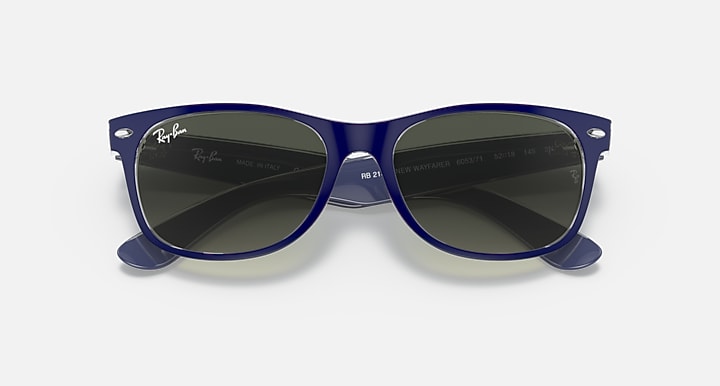 Ray-Ban New Wayfarer RB2132 sunglasses with dark green lenses and blue frames