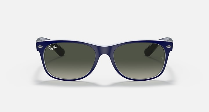 Ray-Ban New Wayfarer RB2132 sunglasses with dark green lenses and blue frames