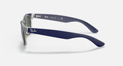 Ray-Ban New Wayfarer RB2132 sunglasses with dark lenses and blue/clear frame side view