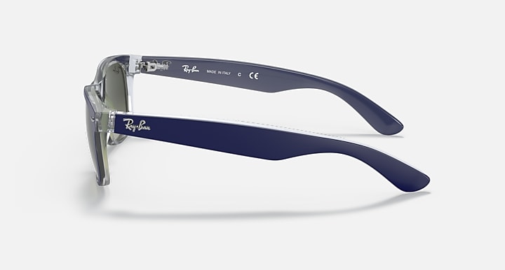 Ray-Ban New Wayfarer RB2132 sunglasses with dark lenses and blue/clear frame side view