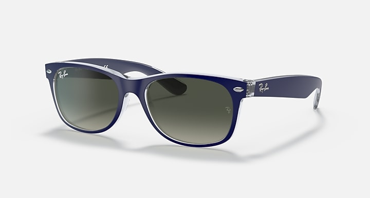 Ray-Ban New Wayfarer RB2132 sunglasses with dark green lenses and blue/clear frames